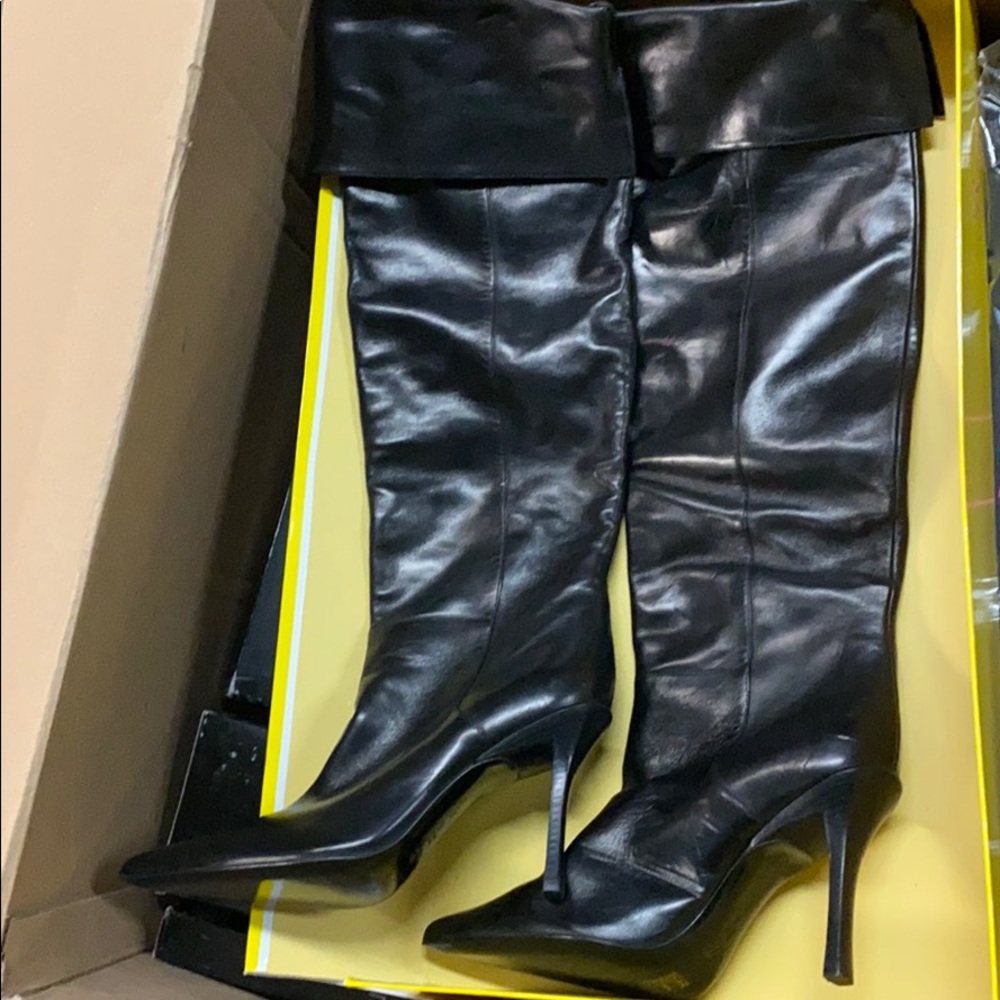 Casadei black leather knee high boots